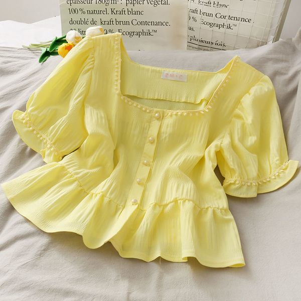 female ruffles square collar pearl buckle solid vintage fashion casual slim women summer blouses chiffon shirt 210517, White
female ruffles square collar pearl buckle solid vintage fashion casual slim women summer blouses chiffon shirt 210517, White