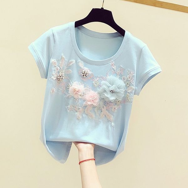 t shirt spring summer blue tshirt woman three-dimensional embroidery flower round neck short sleeve t-shirt women's casual tee, White
t shirt spring summer blue tshirt woman three-dimensional embroidery flower round neck short sleeve t-shirt women's casual tee, White