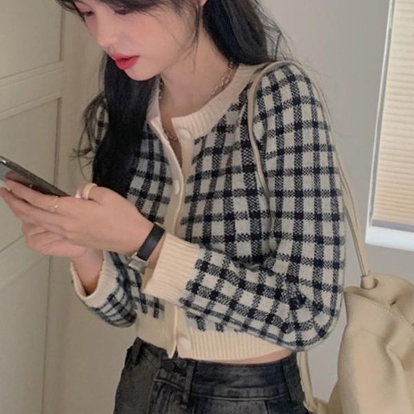 women's knits & tees plaid knitted sweater cardigan women vintage korean short coat long sleeve sweet crop streetwear, White
women's knits & tees plaid knitted sweater cardigan women vintage korean short coat long sleeve sweet crop streetwear, White