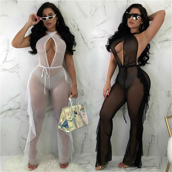 women's swimwear 2021 fashion women bikini cover ups mesh sheer halter ruffle club jumpsuit ladies see through beach cover-ups, White;black
women's swimwear 2021 fashion women bikini cover ups mesh sheer halter ruffle club jumpsuit ladies see through beach cover-ups, White;black