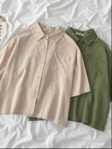 women shirts summer short sleeve korean vintage solid color turn down collar loose blouses student casual chic, White
women shirts summer short sleeve korean vintage solid color turn down collar loose blouses student casual chic, White