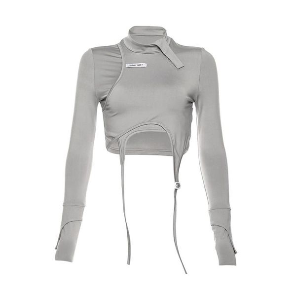 women's t-shirt women personality cool high neck crop , two in one long sleeve solid color short shirts, White
women's t-shirt women personality cool high neck crop , two in one long sleeve solid color short shirts, White