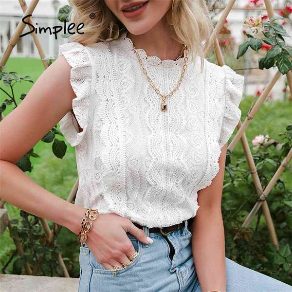 elegant white lace stitching sleeveless casual solid o-neck ruffle summer women tshirt fashion office lady short 210708
elegant white lace stitching sleeveless casual solid o-neck ruffle summer women tshirt fashion office lady short 210708