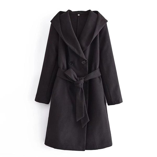 women's wool & blends zxqj women solid hooded woolen coat 2021 autumn winter fashion ladies sashes waist breasted streetwear female ove, Black
women's wool & blends zxqj women solid hooded woolen coat 2021 autumn winter fashion ladies sashes waist breasted streetwear female ove, Black