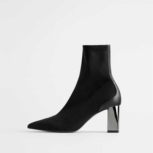za women's sho metal high-heeled elastic rt boots thick heel black sock with pointed knitted stitching
za women's sho metal high-heeled elastic rt boots thick heel black sock with pointed knitted stitching