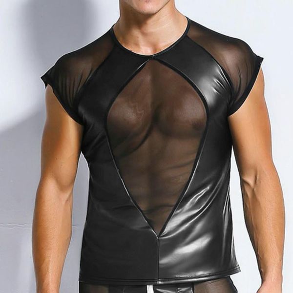 men's t-shirts pu leather mesh t shirts men fitness gay t-shirt tees mens stage o-neck casual clothes, White;black
men's t-shirts pu leather mesh t shirts men fitness gay t-shirt tees mens stage o-neck casual clothes, White;black