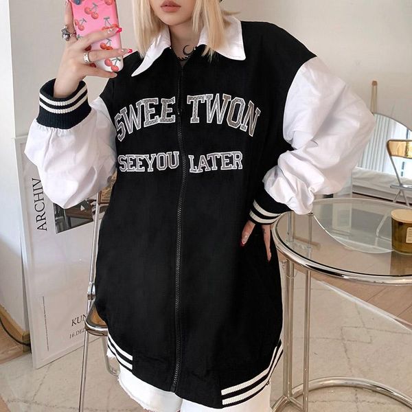 women's jackets 22 girl lapel letter print long sleeve sweater zipper cardigan black white stitching baseball jacket large size loose, Black;brown
women's jackets 22 girl lapel letter print long sleeve sweater zipper cardigan black white stitching baseball jacket large size loose, Black;brown