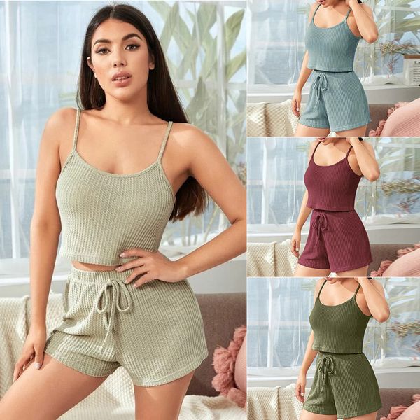 women's sleepwear 2021 summer home clothes pajamas vest suspender shorts two piece set for women, Black;red
