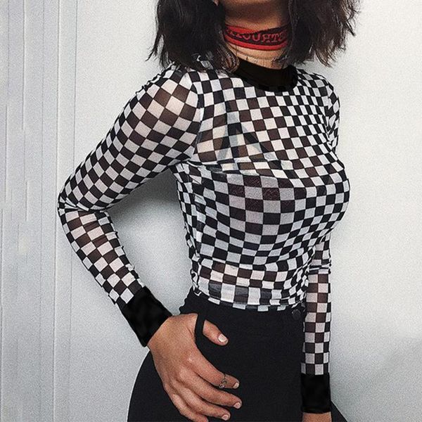 women's t-shirt 2021 see-through mesh black and white plaid long-sleeved 
women's t-shirt 2021 see-through mesh black and white plaid long-sleeved