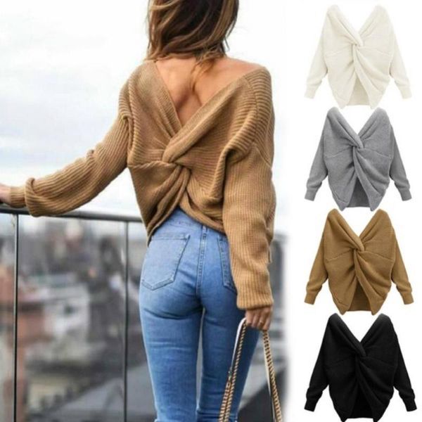 women's sweaters women solid color v neck twisted back knot sweater long sleeve jumper pullover, White;black
women's sweaters women solid color v neck twisted back knot sweater long sleeve jumper pullover, White;black