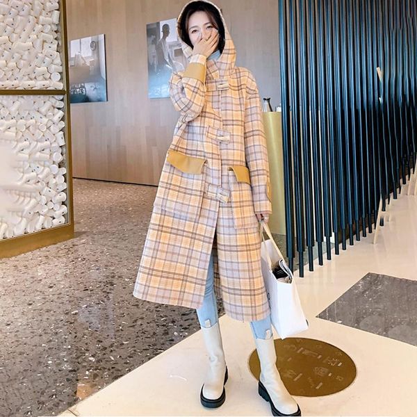 women's wool & blends woolen jacket female autumn winter horn buckle long thick retro stitching plaid hooded fashion design sense strai, Black
women's wool & blends woolen jacket female autumn winter horn buckle long thick retro stitching plaid hooded fashion design sense strai, Black