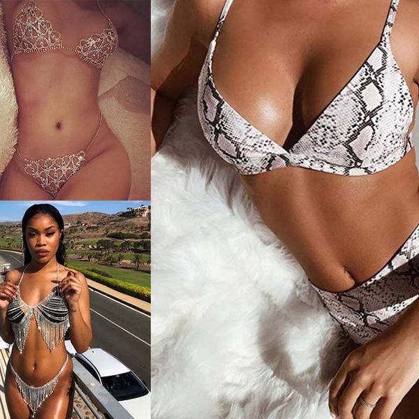 women leopard bikini 2020 with body chain love bra short pant swimsuit female beachwear snake print bras, White;black
women leopard bikini 2020 with body chain love bra short pant swimsuit female beachwear snake print bras, White;black