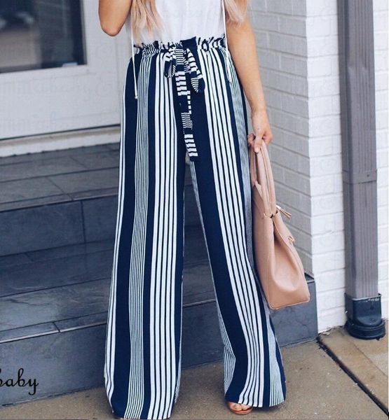 women's pants & capris summer wide leg pant womens striped high waist loose long ladies sashes casual trousers for women, Black;white
women's pants & capris summer wide leg pant womens striped high waist loose long ladies sashes casual trousers for women, Black;white