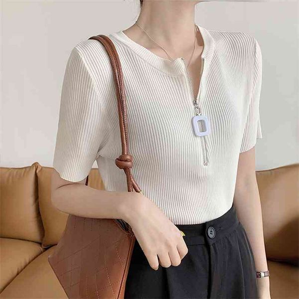 women's short-sleeved knitted tshirt summer round neck zipper solid stretch slim sweater thin outwear knitwear female 210602, White
women's short-sleeved knitted tshirt summer round neck zipper solid stretch slim sweater thin outwear knitwear female 210602, White