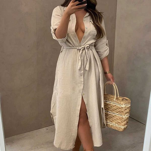 casual women shirt dress with belt long sleeve summer long dresses laides turn-down collar loose sundress party linen dress 210709, Black;gray
casual women shirt dress with belt long sleeve summer long dresses laides turn-down collar loose sundress party linen dress 210709, Black;gray