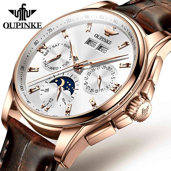 oupinke men mechanical watch luxury automatic watch leather sapphire waterproof sports moon phase wristwatch montre homme, Slivery;brown
oupinke men mechanical watch luxury automatic watch leather sapphire waterproof sports moon phase wristwatch montre homme, Slivery;brown