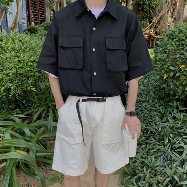 men's casual shirts summer short-sleeved shirt fashion blue black white men streetwear korean loose pocket mens dress, White;black
men's casual shirts summer short-sleeved shirt fashion blue black white men streetwear korean loose pocket mens dress, White;black
