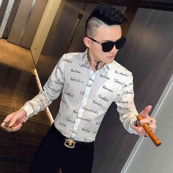 men's casual shirts primavera novo manga longa carta impresso camisas para roupas masculinas simples fino ajuste clube noite formatura, White;black
men's casual shirts primavera novo manga longa carta impresso camisas para roupas masculinas simples fino ajuste clube noite formatura, White;black