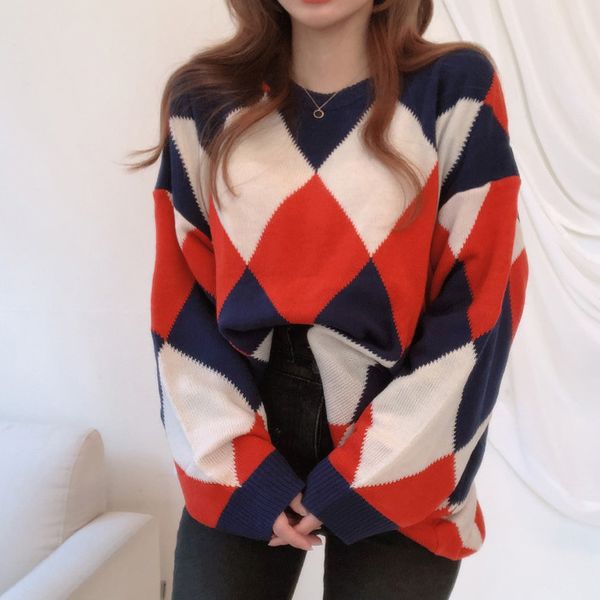 sweaters stylish loose o-neck argyle patchwork female knitted sweaters winter casual women pullovers jumpers pull femme p65x, White;black
sweaters stylish loose o-neck argyle patchwork female knitted sweaters winter casual women pullovers jumpers pull femme p65x, White;black