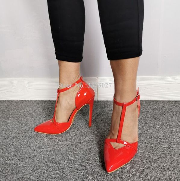red patent leather t-strap stiletto heel pumps lady fashion pointed toe ankle buckle single shoes women real pos high heels dress, Black
red patent leather t-strap stiletto heel pumps lady fashion pointed toe ankle buckle single shoes women real pos high heels dress, Black