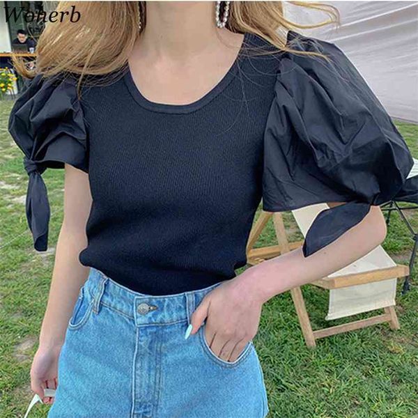 knitted t shirt women summer short bandage puff sleeve t-shirt o-neck casual slim korean fashion female stretch tees 210519, White
knitted t shirt women summer short bandage puff sleeve t-shirt o-neck casual slim korean fashion female stretch tees 210519, White