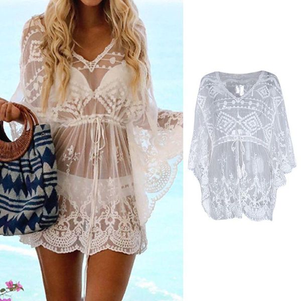 women sheer bikini cover up floral lace tassel drawstring loose beach dress y1qd women's swimwear, White;black
women sheer bikini cover up floral lace tassel drawstring loose beach dress y1qd women's swimwear, White;black