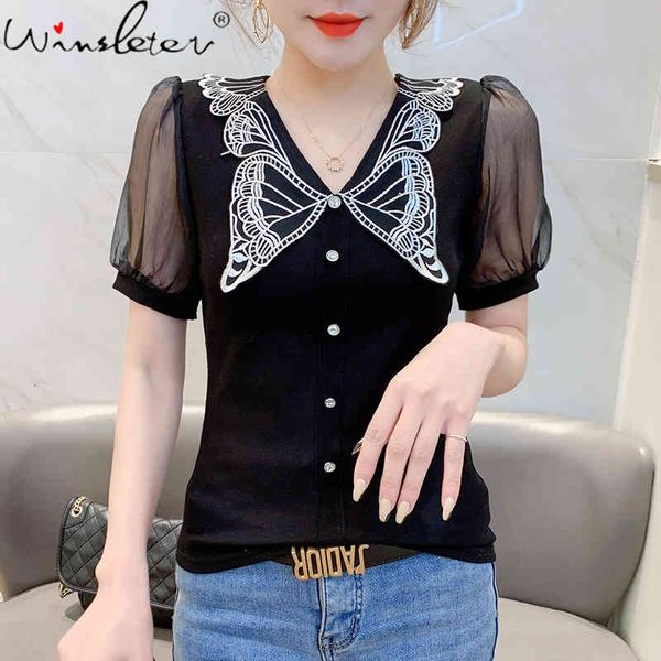 women's t-shirt summer korean style fashion v-neck button patchwork embroidered butterflies women short sleeve tee t1291, White
women's t-shirt summer korean style fashion v-neck button patchwork embroidered butterflies women short sleeve tee t1291, White