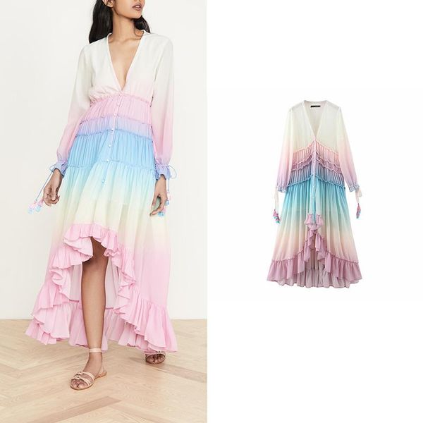 spring and summer long sleeve pleated deep v gradient dress european american women's loose casual dresses, Black;gray
spring and summer long sleeve pleated deep v gradient dress european american women's loose casual dresses, Black;gray
