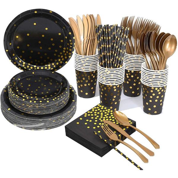 disposable dinnerware wedding birthday party black bronzing gold dots tableware for decor kids baby shower supplies
disposable dinnerware wedding birthday party black bronzing gold dots tableware for decor kids baby shower supplies