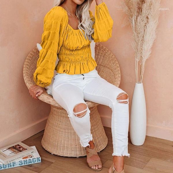 women's blouses & shirts women lantern long sleeve pleated blouse square neck ruffles smocked crop, White 
women's blouses & shirts women lantern long sleeve pleated blouse square neck ruffles smocked crop, White