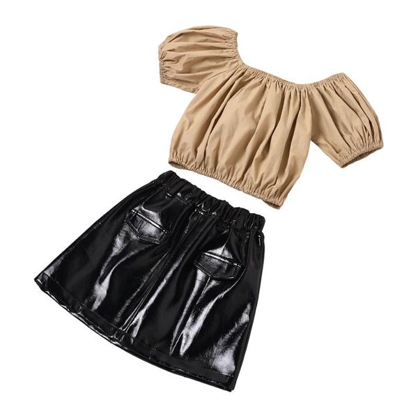 pudcoco 2pcs leisure style little girls outfit summer fashionable solid color off shoulder puff short sleeve leather skirt clothing set, White
pudcoco 2pcs leisure style little girls outfit summer fashionable solid color off shoulder puff short sleeve leather skirt clothing set, White
