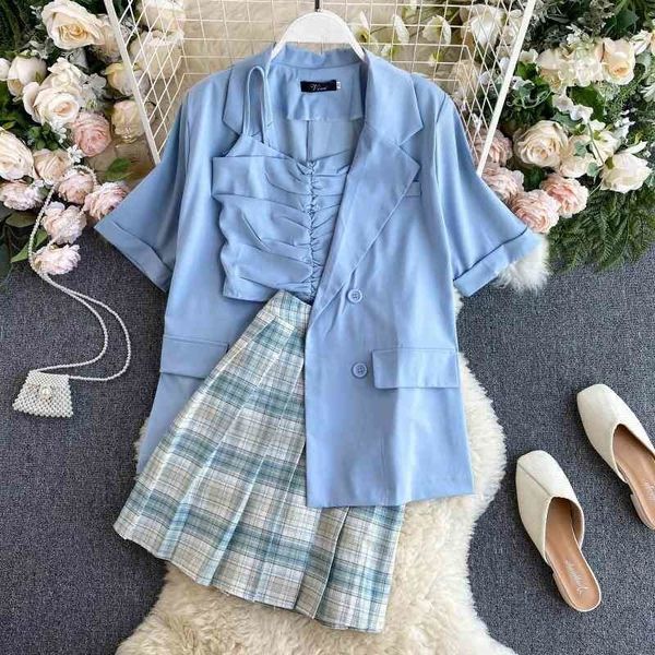 korean youth age reduction suit female short camisole + jacket plaid skirt 210525, White
korean youth age reduction suit female short camisole + jacket plaid skirt 210525, White
