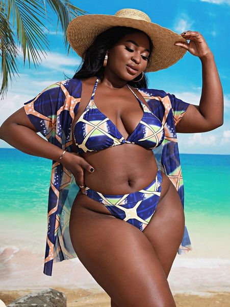 3pack plus geo print triangle bikini swimsuit & kimono s3an#, Black
