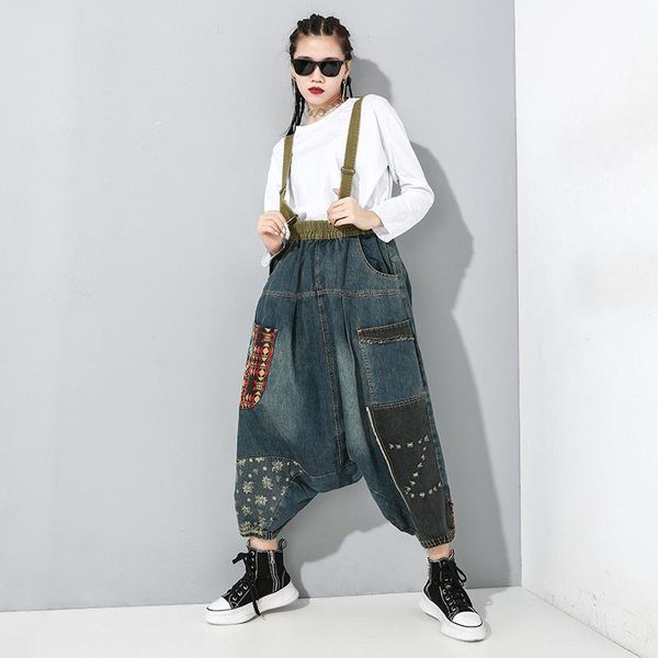 women's jumpsuits & rompers johnature streetwear fashion patchwork vintage print loose denim women 2021 spring ankle-length harem bodys, Black;white
women's jumpsuits & rompers johnature streetwear fashion patchwork vintage print loose denim women 2021 spring ankle-length harem bodys, Black;white