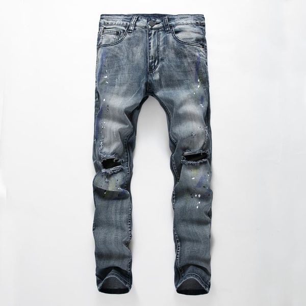 spring and autumn men's painted printing blue gray old ripped jeans slim casual fashion simplicity straight stretch trousers
spring and autumn men's painted printing blue gray old ripped jeans slim casual fashion simplicity straight stretch trousers