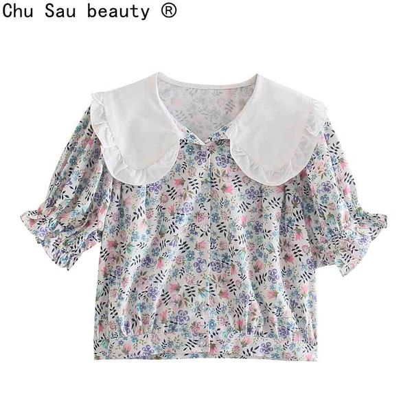 summer chic french vintage floral puff sleeve white peter pan collar female high waist small shirt fashion 210508
summer chic french vintage floral puff sleeve white peter pan collar female high waist small shirt fashion 210508