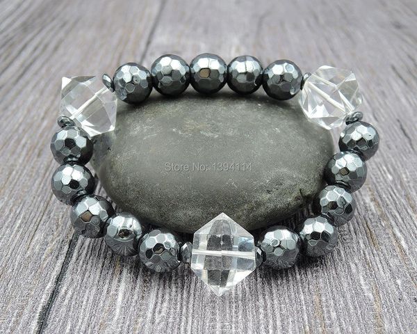 other bracelets natural clear quartz double points beads around 10mm hematite faceted round beaded bracelet approx 8inch, Golden;silver
other bracelets natural clear quartz double points beads around 10mm hematite faceted round beaded bracelet approx 8inch, Golden;silver