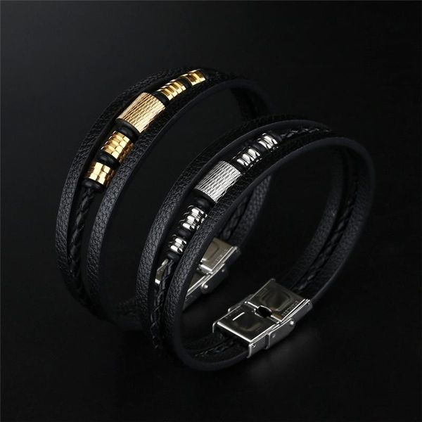 classic 3 layers black gold punk style design leather bracelet for men steel stainless steel buckle birthday gift male bracelets, Golden;silver
classic 3 layers black gold punk style design leather bracelet for men steel stainless steel buckle birthday gift male bracelets, Golden;silver