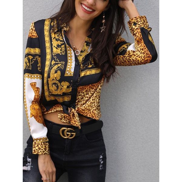 women's shirt tied neck chain print casual shirt long sleeve asian size s-2xl, White
women's shirt tied neck chain print casual shirt long sleeve asian size s-2xl, White