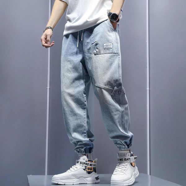 men's jeans summer logo splice loose wash white light leisure harlem leg strap nine cent pants, Blue
men's jeans summer logo splice loose wash white light leisure harlem leg strap nine cent pants, Blue