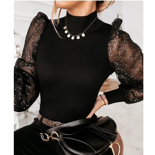 women long puff sleeves lace pullovers lady fashion mesh sheer knitted jumper ribbed t shirt women's t-shirt, White
women long puff sleeves lace pullovers lady fashion mesh sheer knitted jumper ribbed t shirt women's t-shirt, White