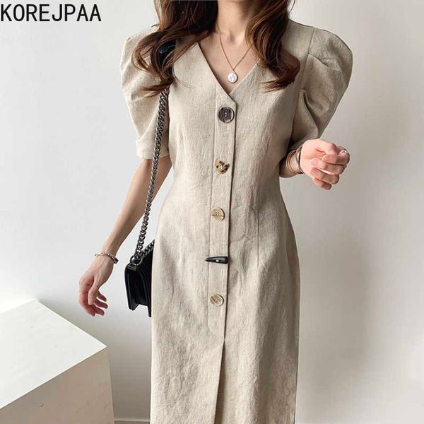 korejpaa women dress summer korean ins temperament commute v neck chic button lace-up bubble sleeve long slit dresses 210526, Black;gray
korejpaa women dress summer korean ins temperament commute v neck chic button lace-up bubble sleeve long slit dresses 210526, Black;gray
