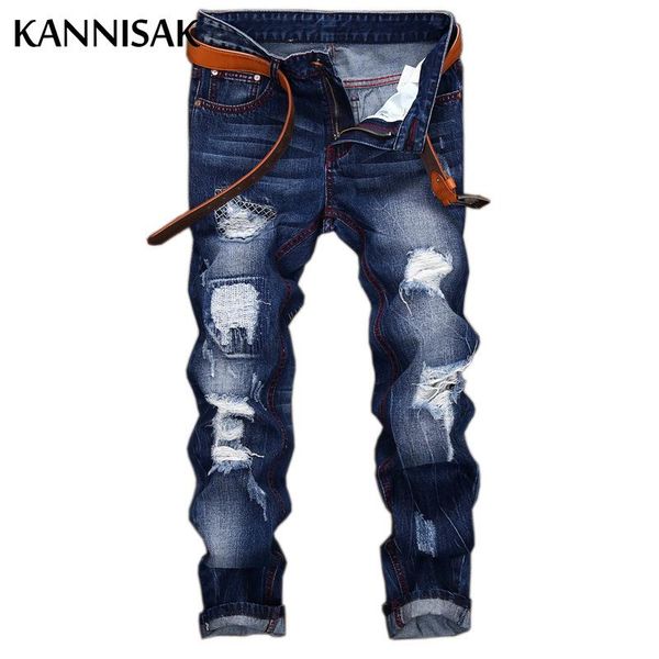men's jeans kannisak 2021 men ripped hole vintage straight full length streetwears male denim washed distressed cotton casual trousers, Blue
men's jeans kannisak 2021 men ripped hole vintage straight full length streetwears male denim washed distressed cotton casual trousers, Blue