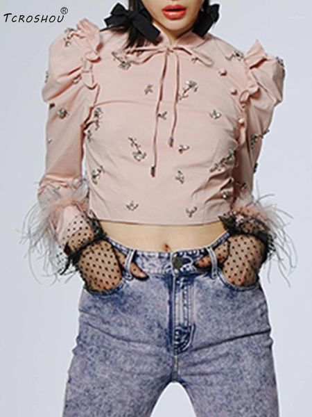 heavy craftsmanship, beading, frills, puff sleeves, stitching feathers, laces, pullovers, shirts, autumn styles, personality women's bl, White
heavy craftsmanship, beading, frills, puff sleeves, stitching feathers, laces, pullovers, shirts, autumn styles, personality women's bl, White