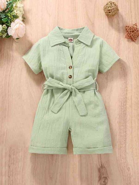 baby half button belted romper she, Blue