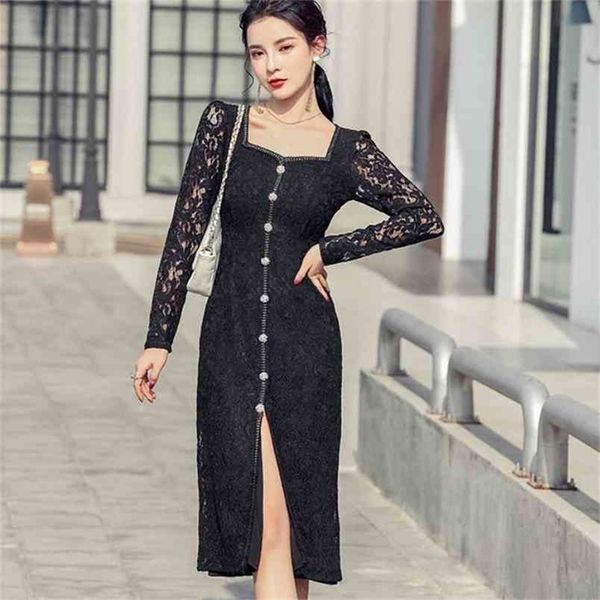 spring elegant temperament lace dress square collar long sleeve high waist single breasted office lady bodycon vestidos 210519, Black;gray
spring elegant temperament lace dress square collar long sleeve high waist single breasted office lady bodycon vestidos 210519, Black;gray