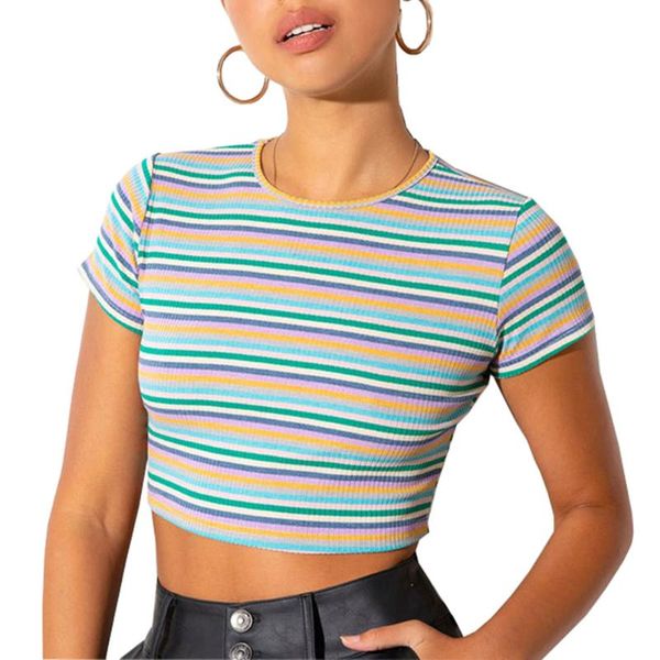 women's t-shirt women basic short sleeve crop stripe printed casual slim tight, White
women's t-shirt women basic short sleeve crop stripe printed casual slim tight, White