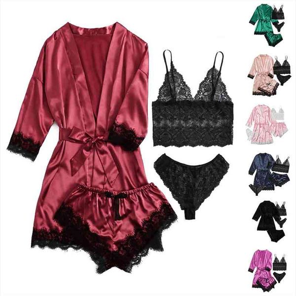 pajama set women lace trim satin sleepwear pyjamas pour femme summer nightwear pants casual home wear kimono robe gown, Black;red
pajama set women lace trim satin sleepwear pyjamas pour femme summer nightwear pants casual home wear kimono robe gown, Black;red