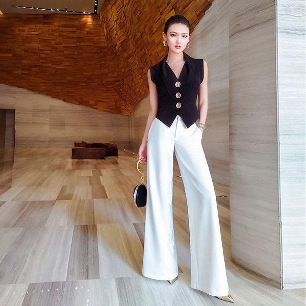 women summer black white contrast color sets slim sleeveless vest waistcoat wide leg trousers two-piece suits female women's two piece
women summer black white contrast color sets slim sleeveless vest waistcoat wide leg trousers two-piece suits female women's two piece