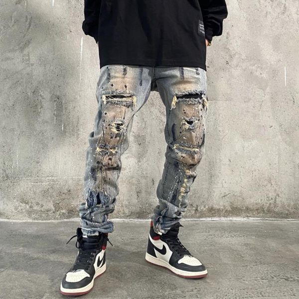 men's jeans homme marque de luxe motorcycle pants high street splashing slim elastic leg zipper patch, Blue
men's jeans homme marque de luxe motorcycle pants high street splashing slim elastic leg zipper patch, Blue